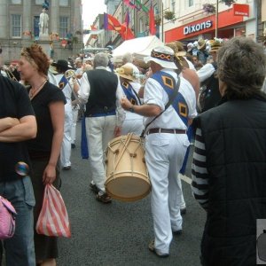 Rear view of drummers in Golowan Band, 2005