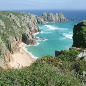 Pedn Vounder with Treryn Dinas and Logan Rock in background