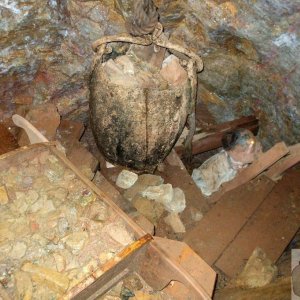 In the shaft, broken rock is hoisted up in a 'kibble'