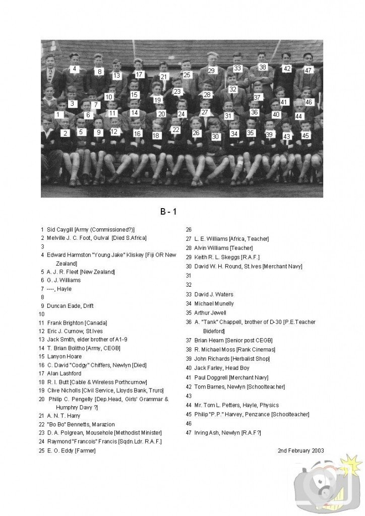 1947 Penzance Boys' Grammar School Photograph - 3 - Identifications