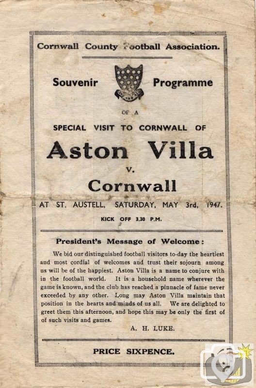 Aston Villa v Cornwall Programme cover, 1947