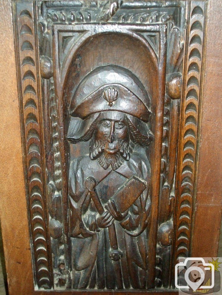 Bench end depicts a St James pilgrim -St Levan's Church - 17May10