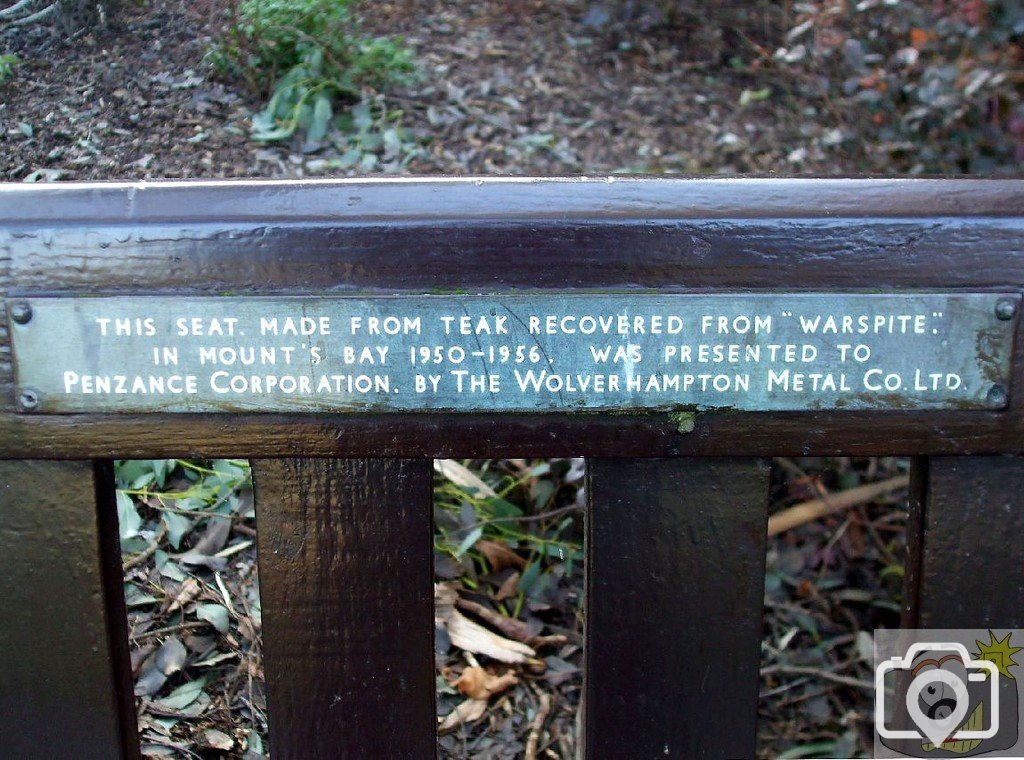 Bench made from the wood of HMS Warspite, Morrab Gdns