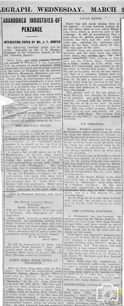 Cornish Times and Telegraph March 27th 1935 Upper Part