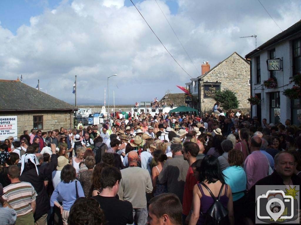 Crowds surround the Golowan Band - Men and Maids Dance