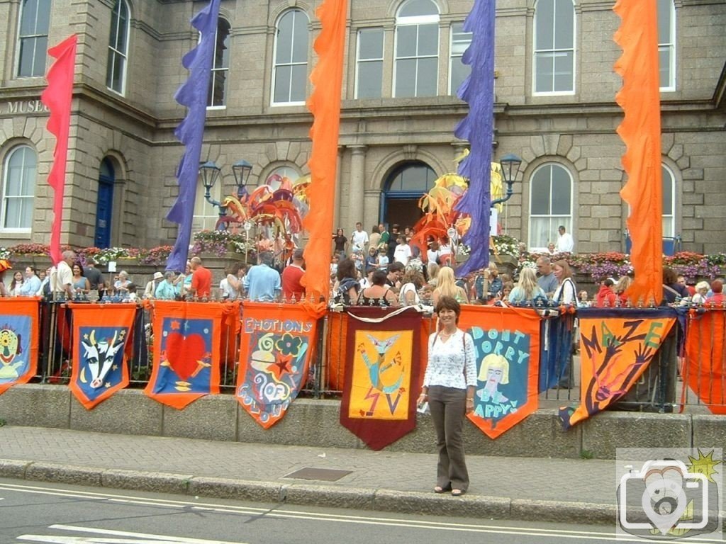 Golowan banners in front of St John's Hall, 2005