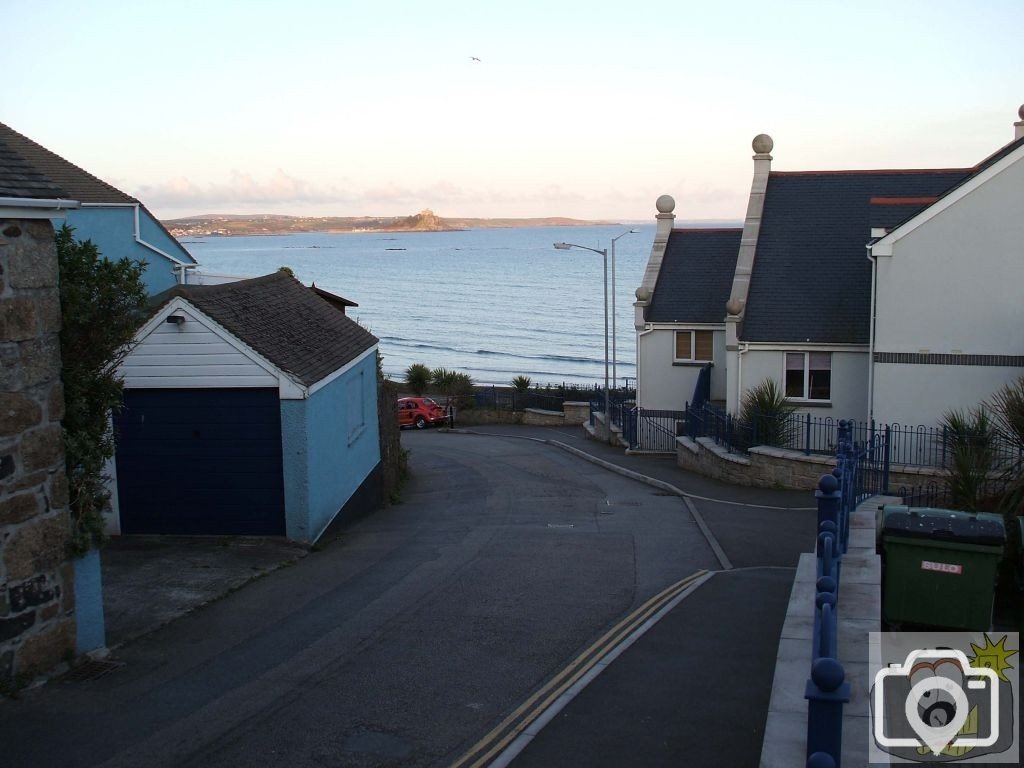 Looking down Briton's Hill and across the bay to St Michael's Mount