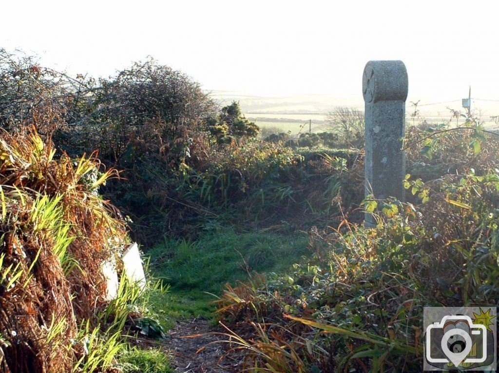 Modern cross and old chapel/oratory, Sancreed