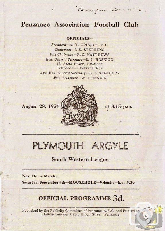 Programme: Penzance v Plymouth Argyle, Aug., 1954