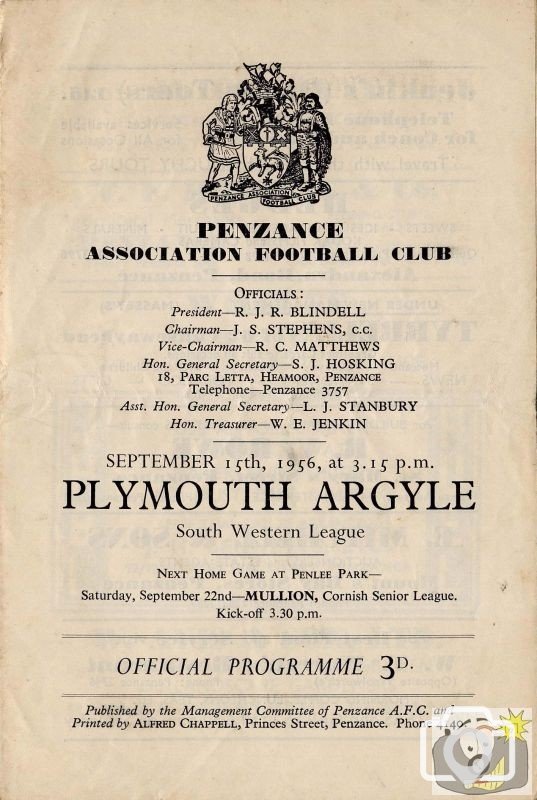 Programme v Plymouth Argyle - 15thSept, 1956