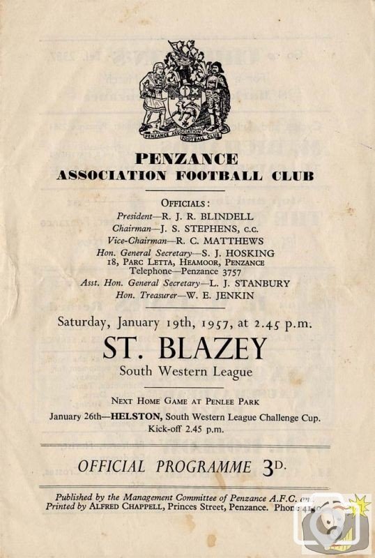 Programme v St Blazey, 19th Jan., 1957