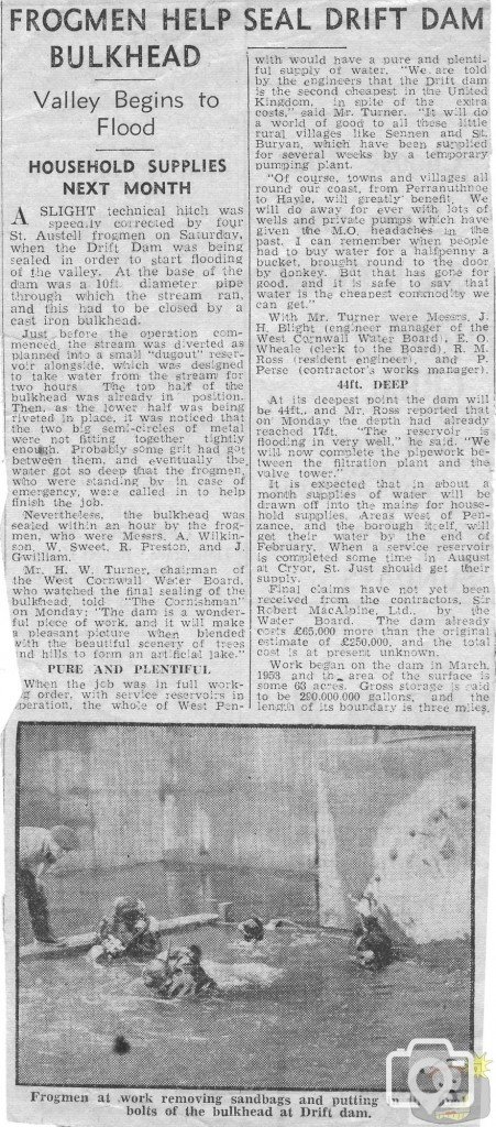 Report of the sealing of Drift Dam from The Cornishman in 1961