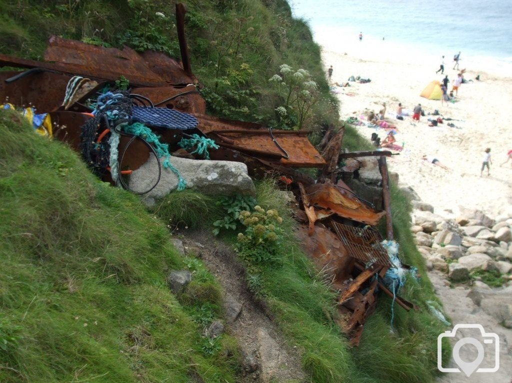 The remains of HMS Alacrity on the cliffside, Portheras Cove