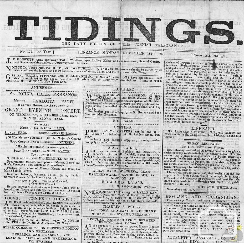 Tidings 18th November 1878 Upper Part Page 1