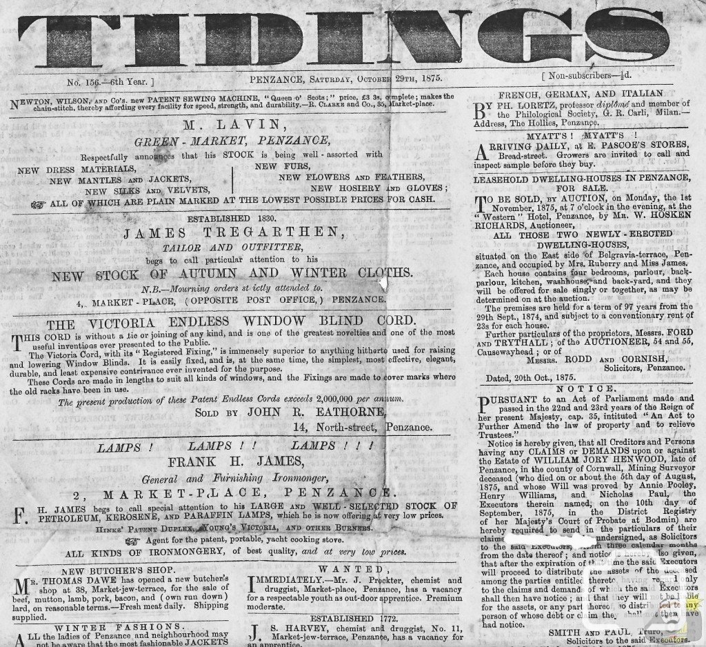 Tidings 29th October 1875 Upper Part Page 1